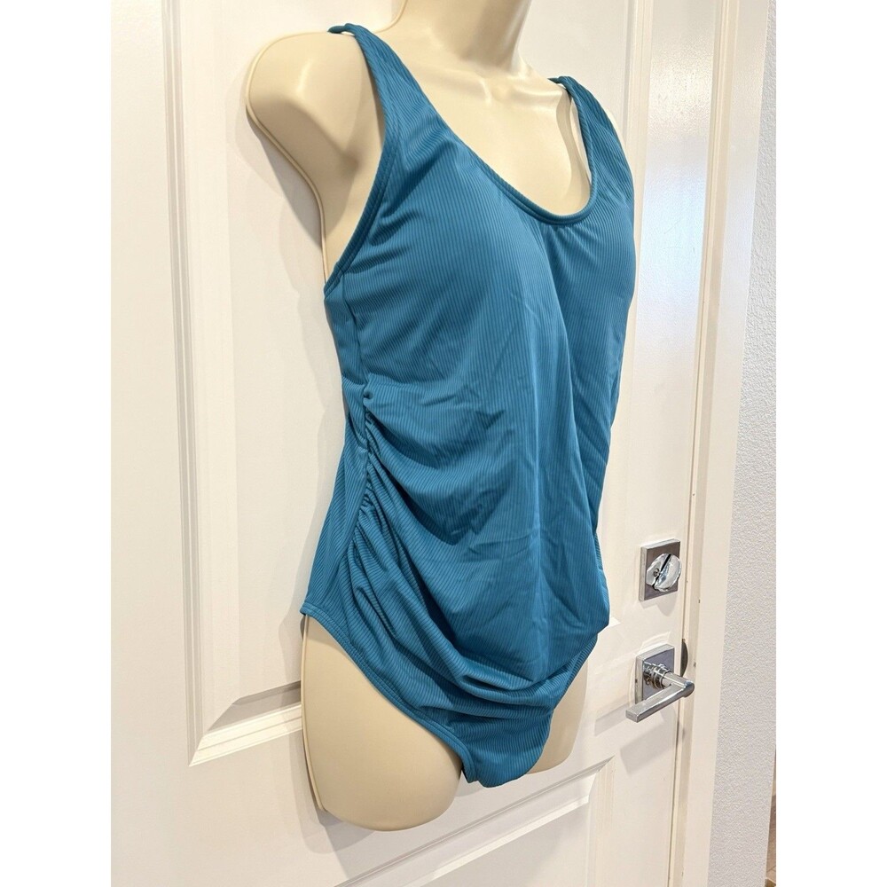 PinkBlush Teal Ribbed Ruched One-Piece Maternity Swimsuit - Large - Picture 7 of 14